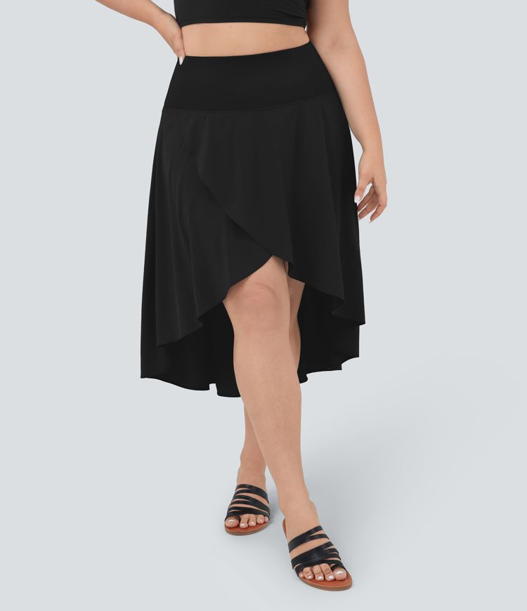 Breezeful™ High Waisted Asymmetric Ruffle High Low Flowy 2-in-1 Quick Dry Dance Plus Size Skirt