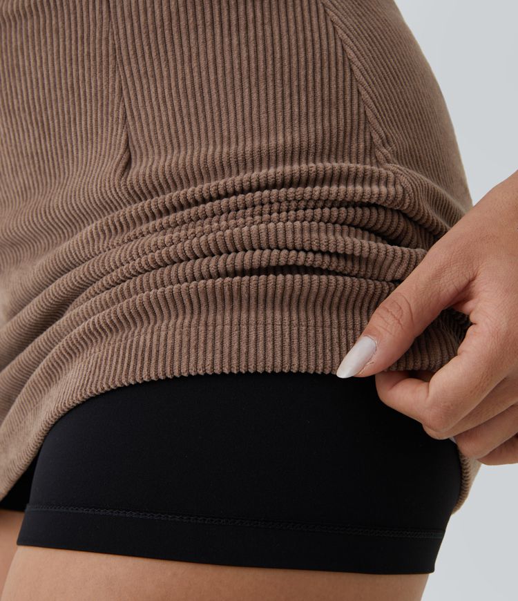 High Waisted Invisible Zipper 2-in-1 A Line Mini Corduroy Casual Skirt-Longer Length