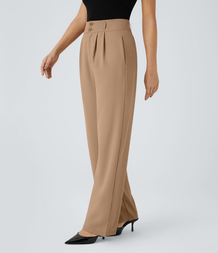 High Waisted Button Zipper Side Pocket Shirred Straight Leg Work Pants