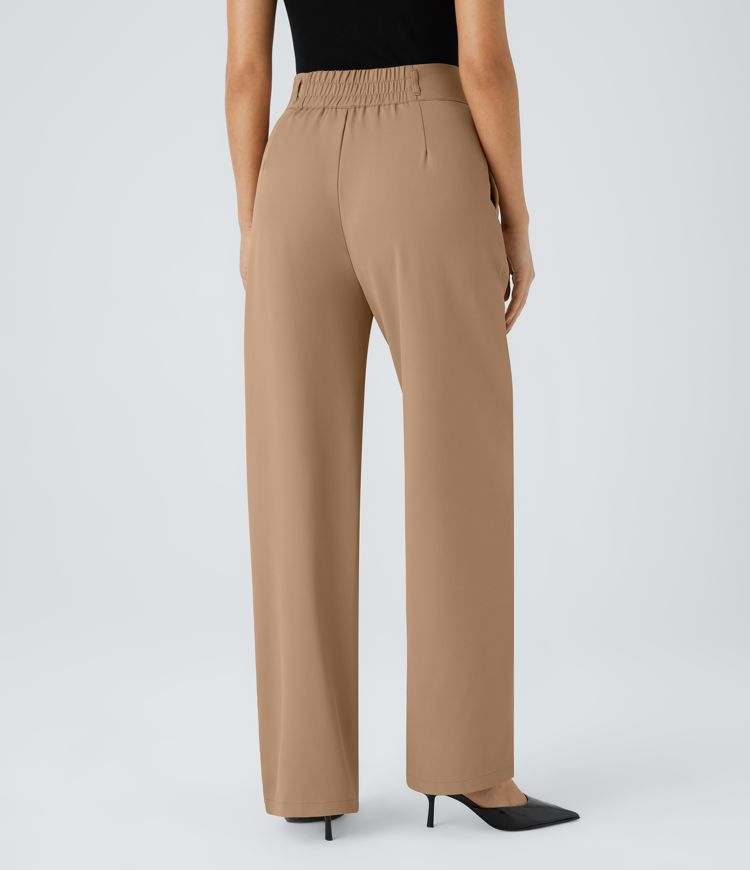 High Waisted Button Zipper Side Pocket Shirred Straight Leg Work Pants
