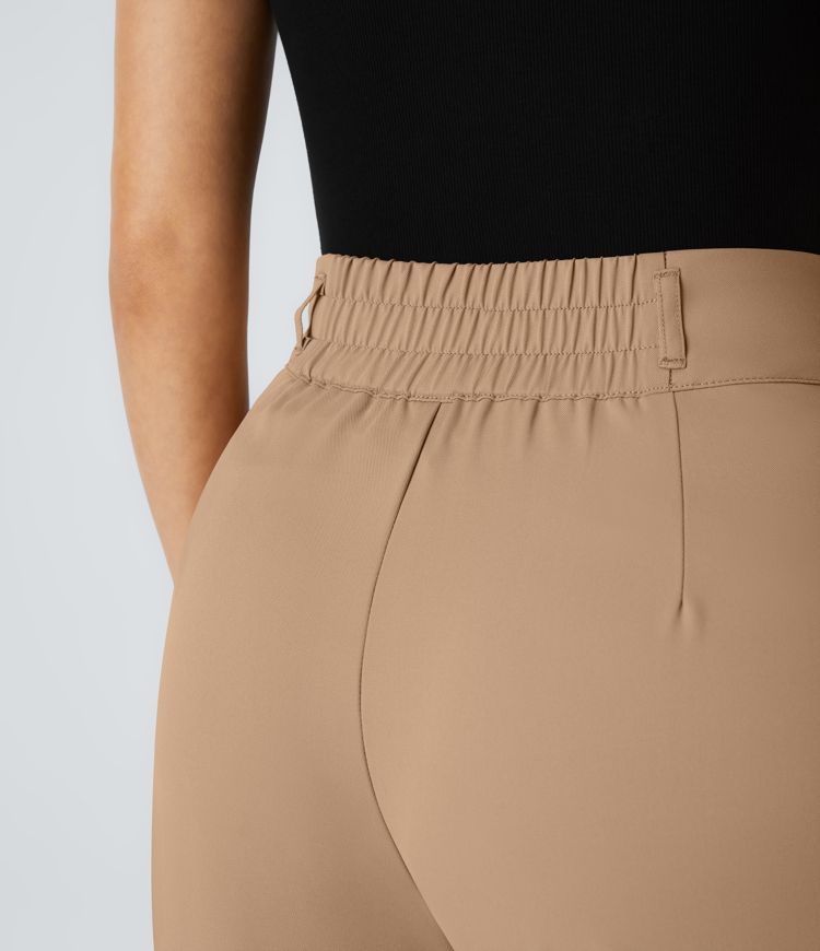 High Waisted Button Zipper Side Pocket Shirred Straight Leg Work Pants