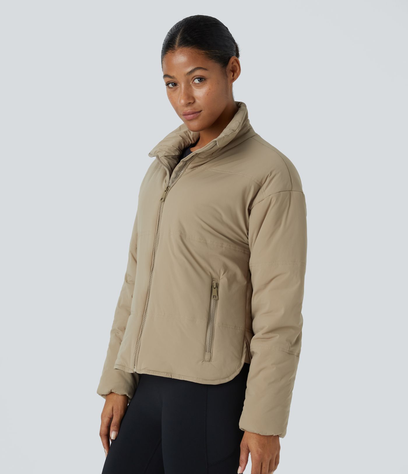 Funnel Neck Zip Pockets High-Low Curved Hem Relaxed Hiking Puffer Jacket