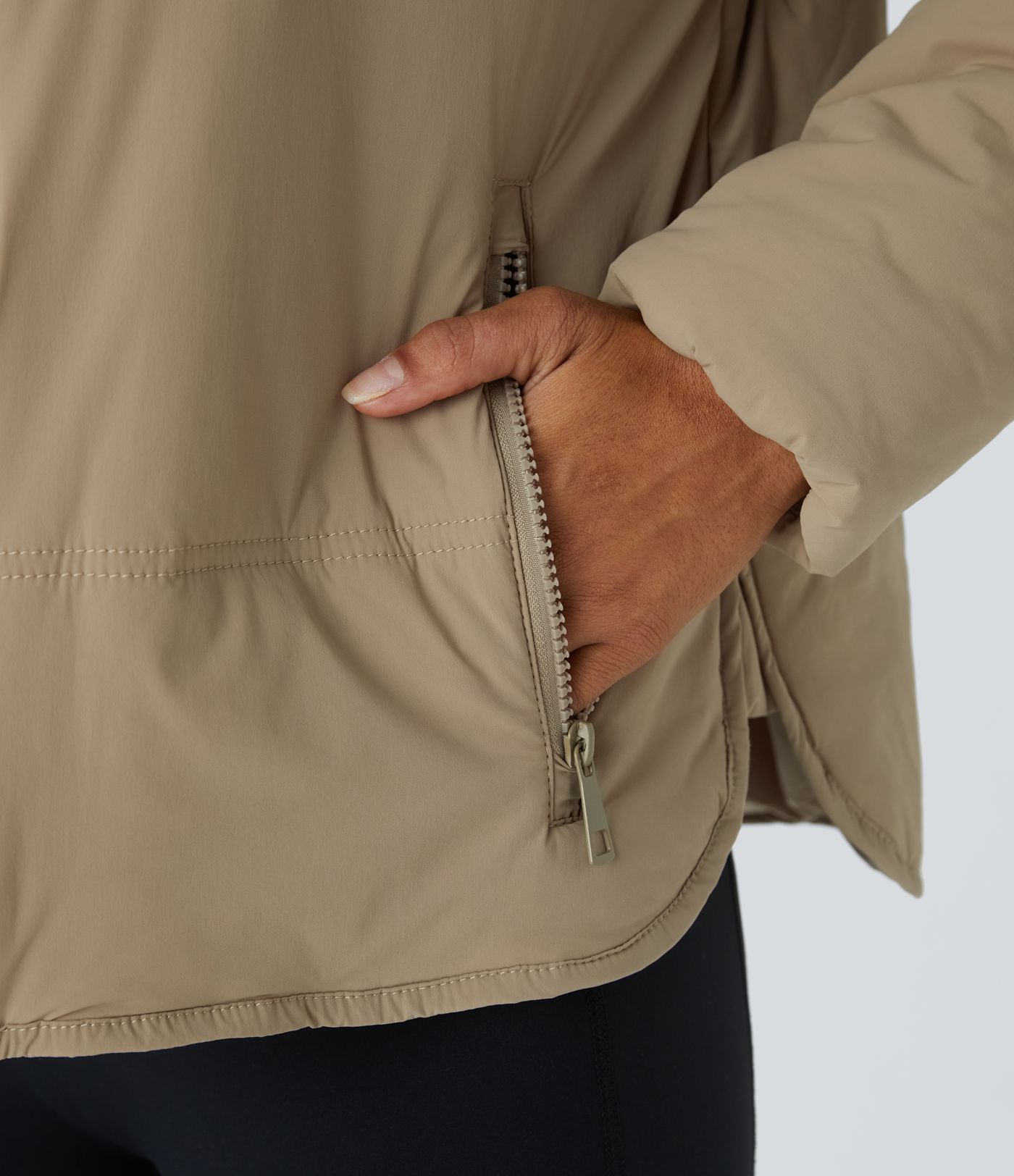 Funnel Neck Zip Pockets High-Low Curved Hem Relaxed Hiking Puffer Jacket