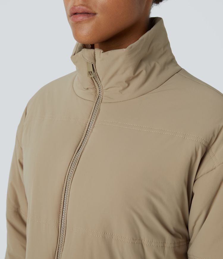 Funnel Neck Multiple Pocket Zipper Hi-Lo Curved Hem Relaxed Hiking Padded Jacket
