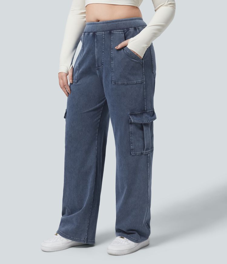 Halara Flex™ Mid Rise Multiple Pockets Stretchy Knit Straight Leg Plus Size Casual Cargo Jeans