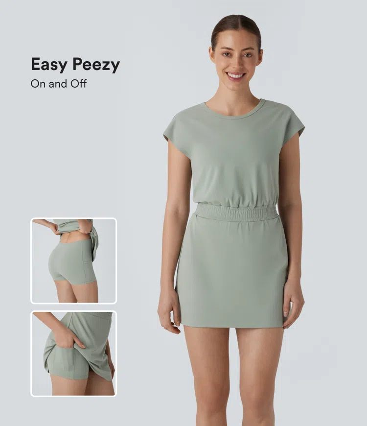 Round Neck Short Sleeve 2-in-1 Pocket Mini Yoga Active Dress-Easy Peezy Edition