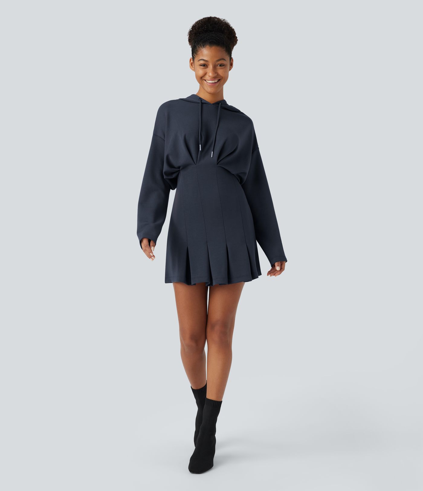 SpacerTek™ Velvet Drawstring Dropped Shoulder Long Sleeve Pleated Hem Hip Wrapped Mini Casual Hoodie Dress