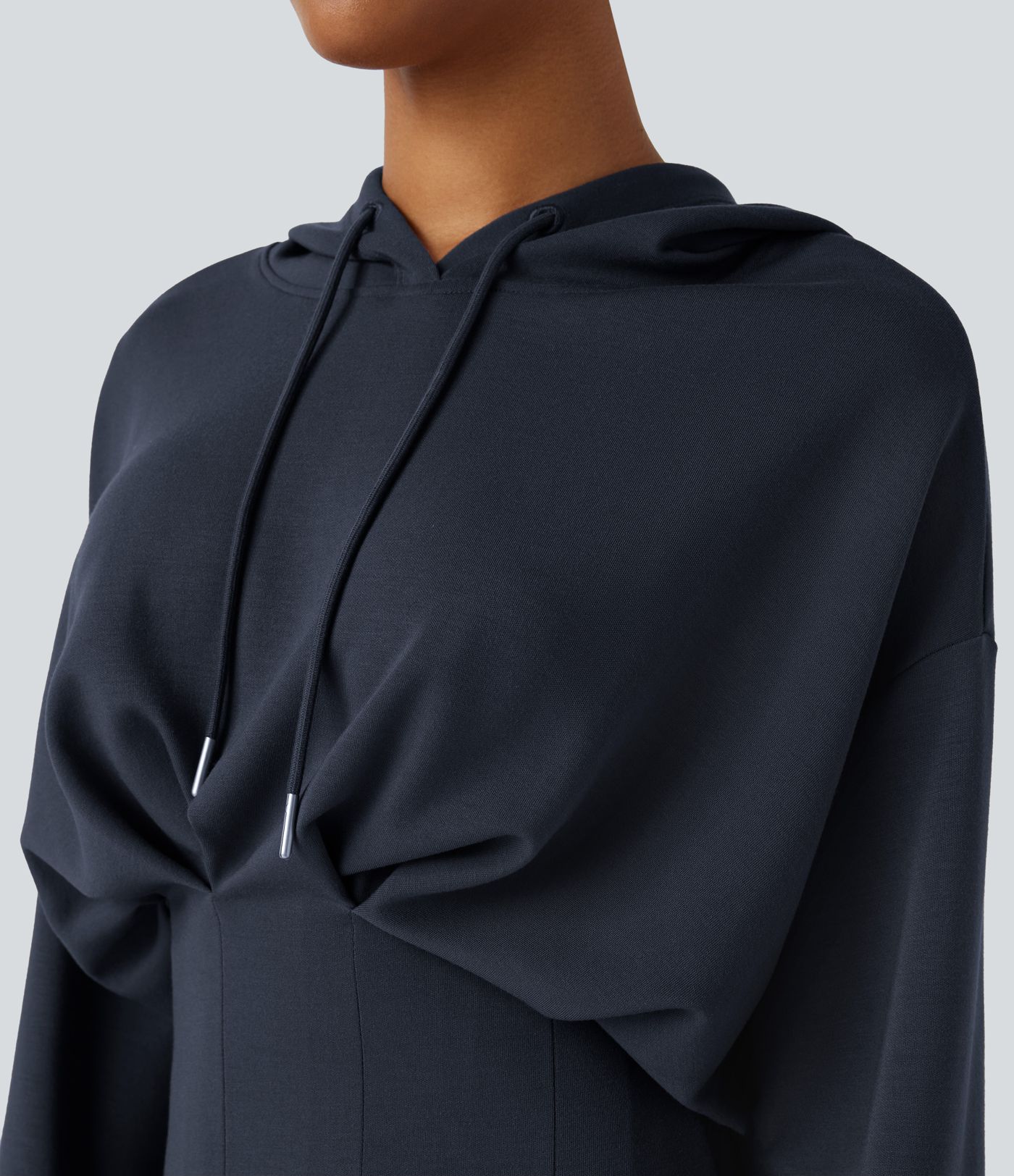 SpacerTek™ Velvet Drawstring Dropped Shoulder Long Sleeve Pleated Hem Hip Wrapped Mini Casual Hoodie Dress