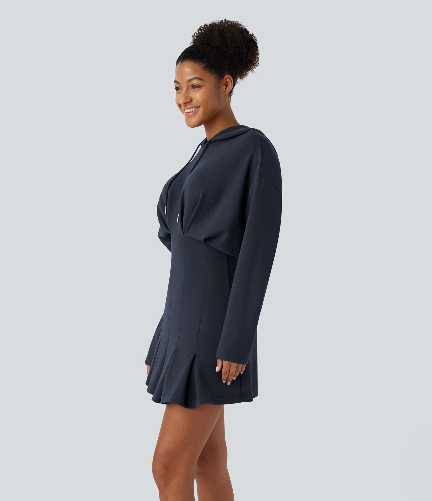 SpacerTek™ Velvet Drawstring Dropped Shoulder Long Sleeve Pleated Hem Hip Wrapped Mini Casual Hoodie Dress