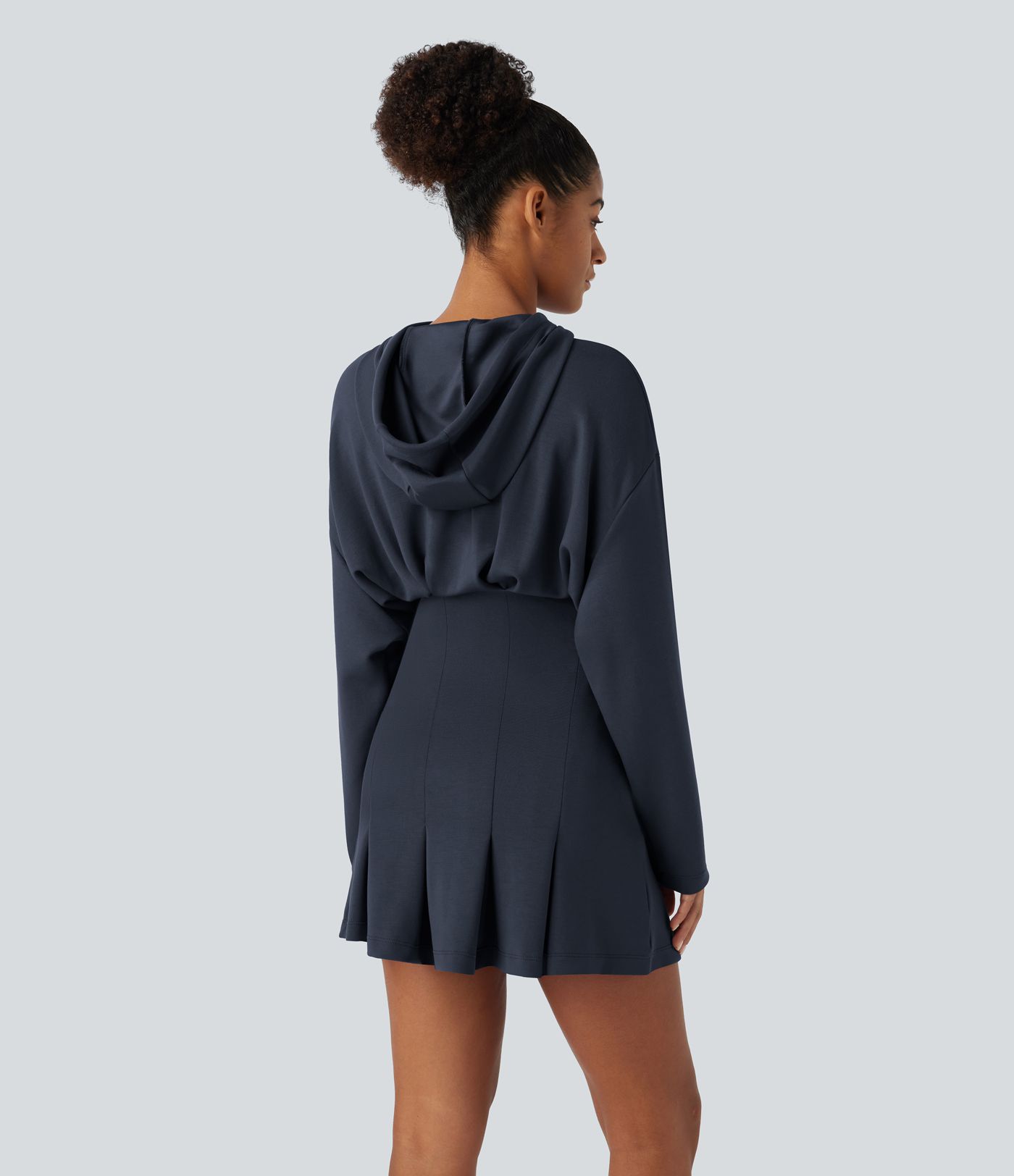 SpacerTek™ Velvet Drawstring Dropped Shoulder Long Sleeve Pleated Hem Hip Wrapped Mini Casual Hoodie Dress