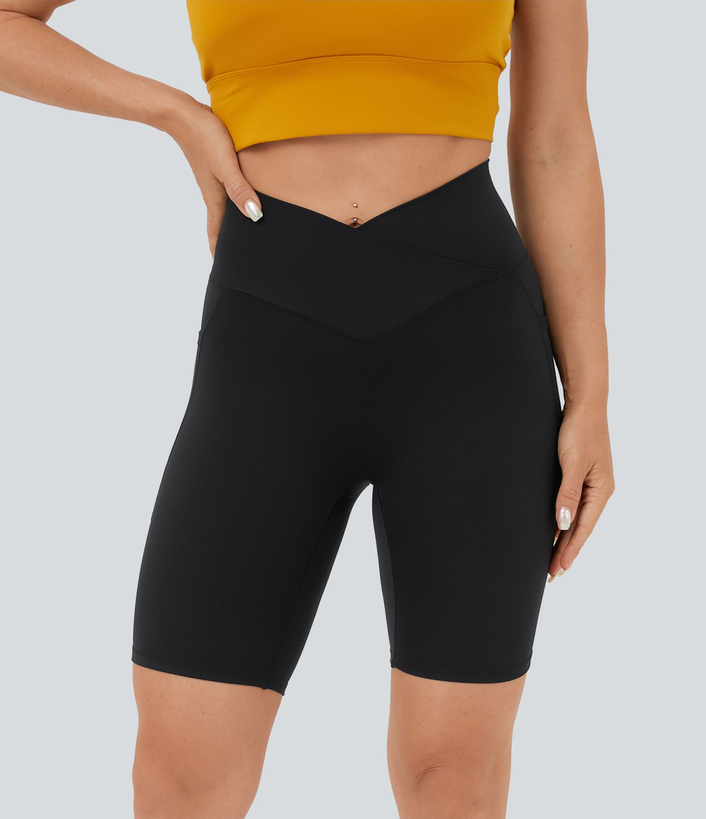 Softlyzero™ High Waisted Crossover Side Pocket Yoga Biker Shorts 7"-UPF50+