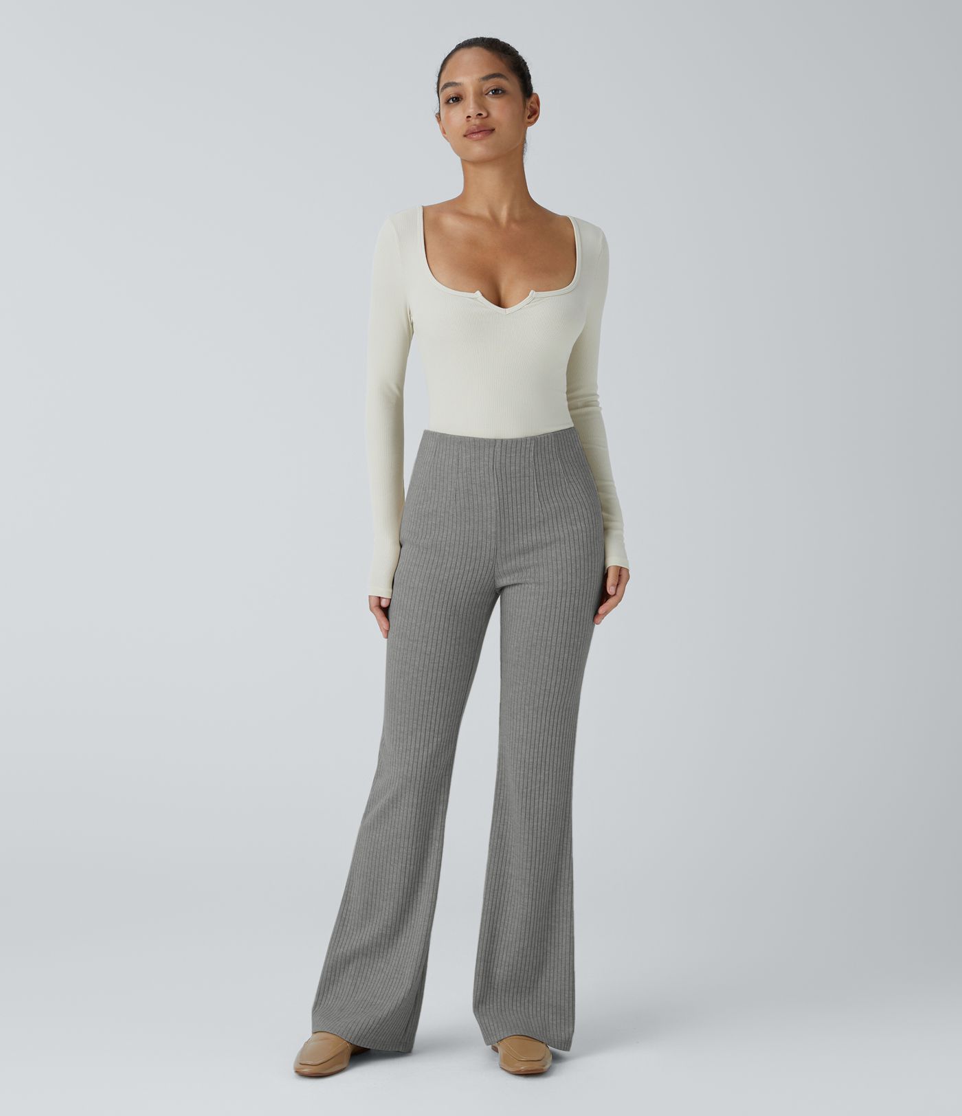Ribbed Knit High Waisted Side Zipper Pockets Casual Flare Pants