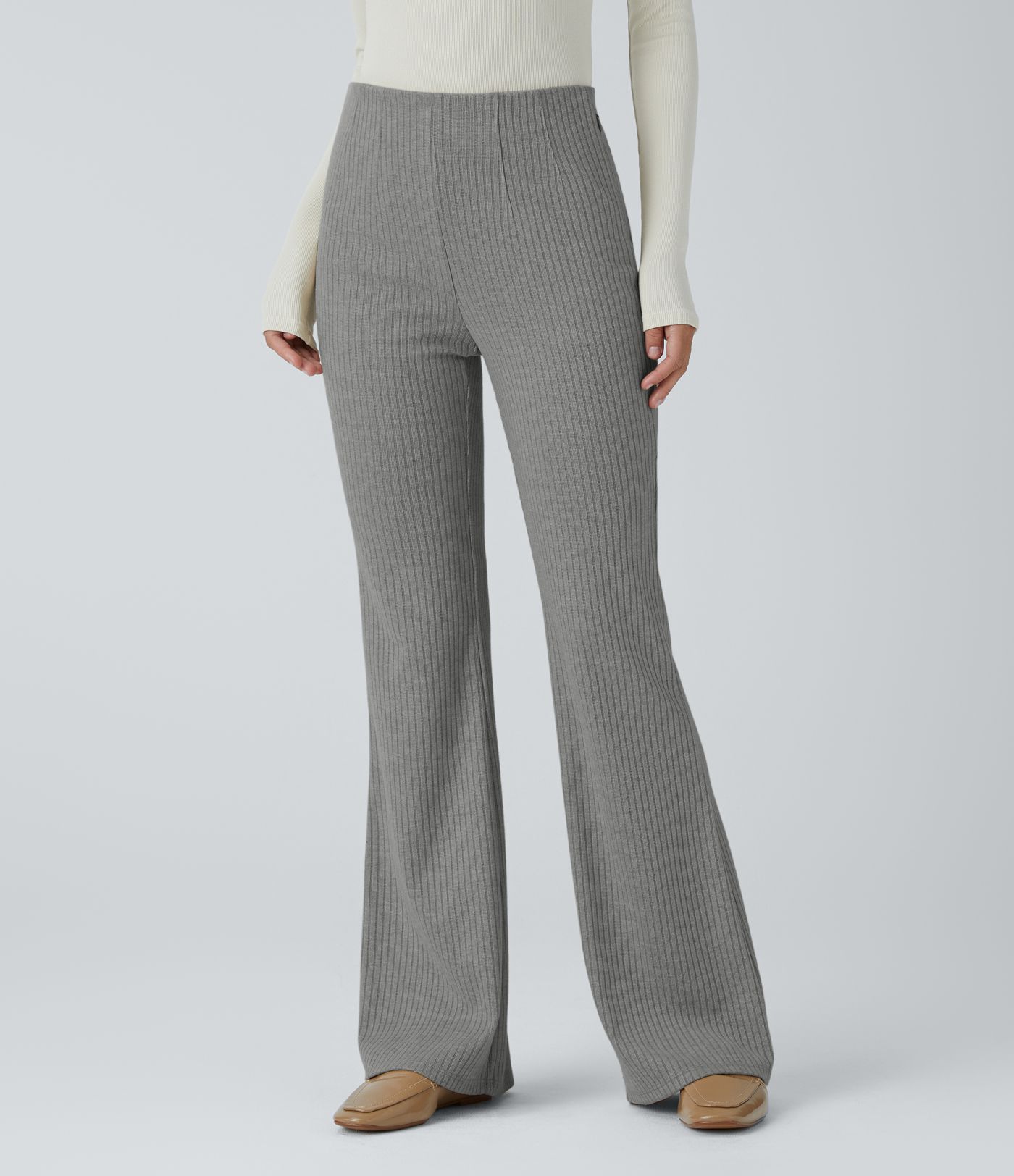 Ribbed Knit High Waisted Side Zipper Pockets Casual Flare Pants