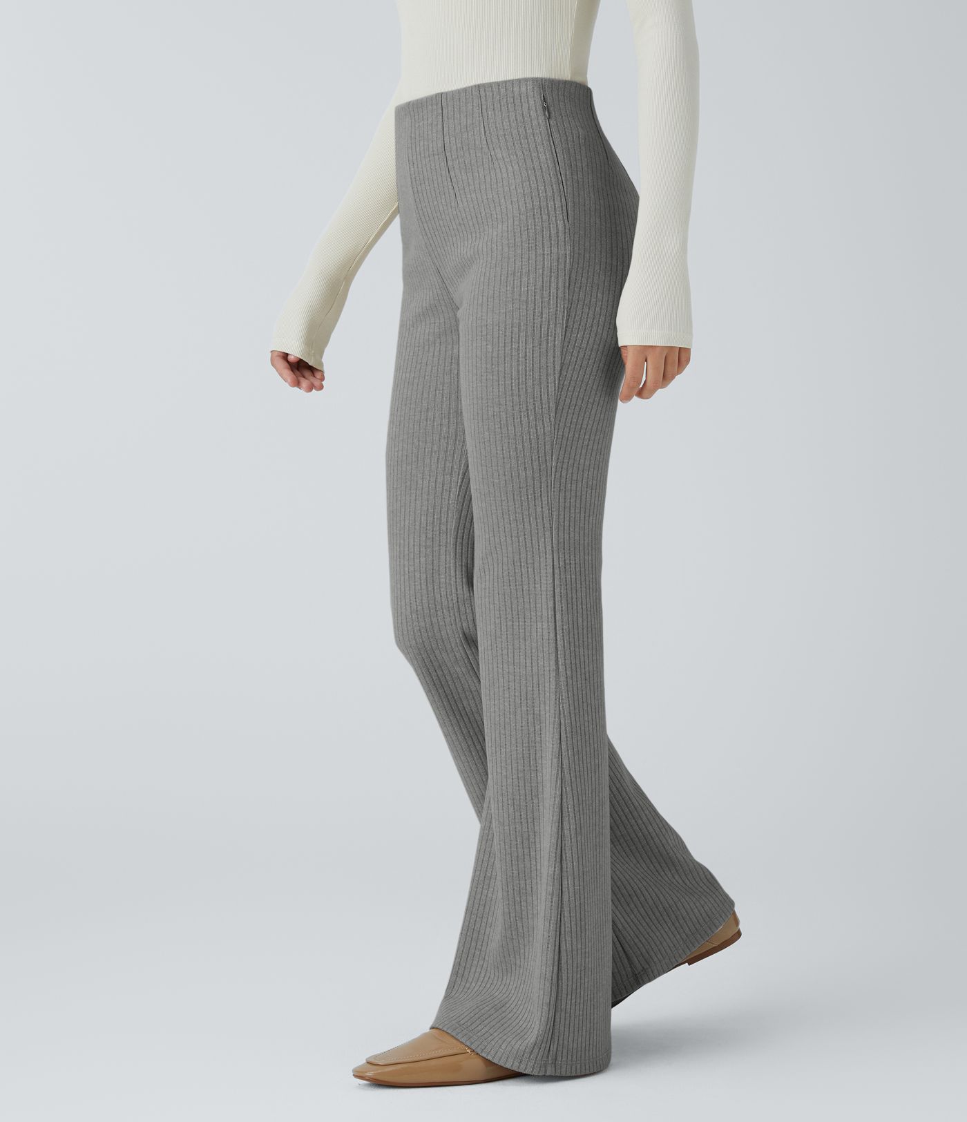 Ribbed Knit High Waisted Side Zipper Pockets Casual Flare Pants