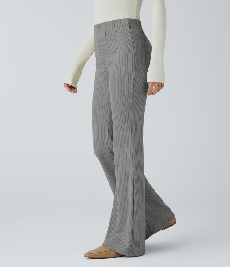 Ribbed Knit High Waisted Side Zipper Pockets Casual Flare Pants