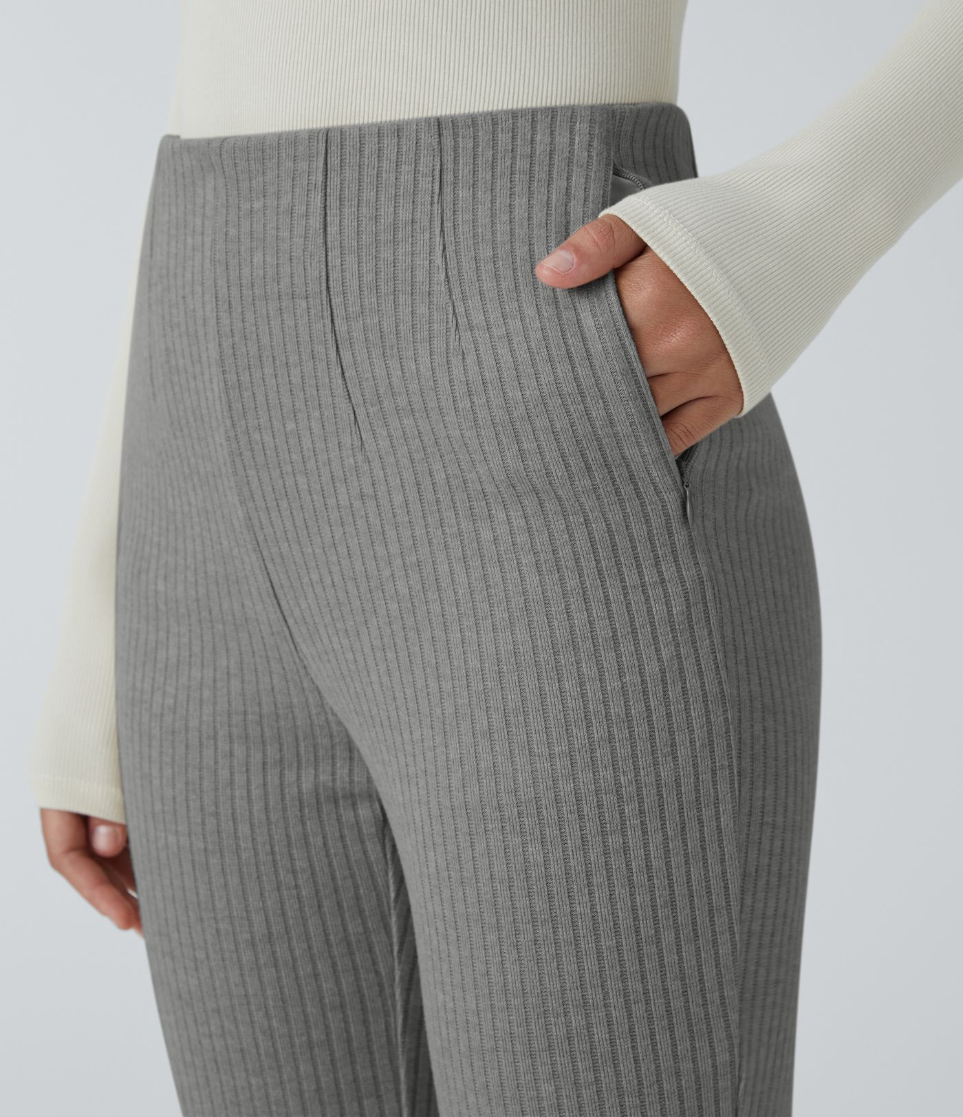 Ribbed Knit High Waisted Side Zipper Pockets Casual Flare Pants