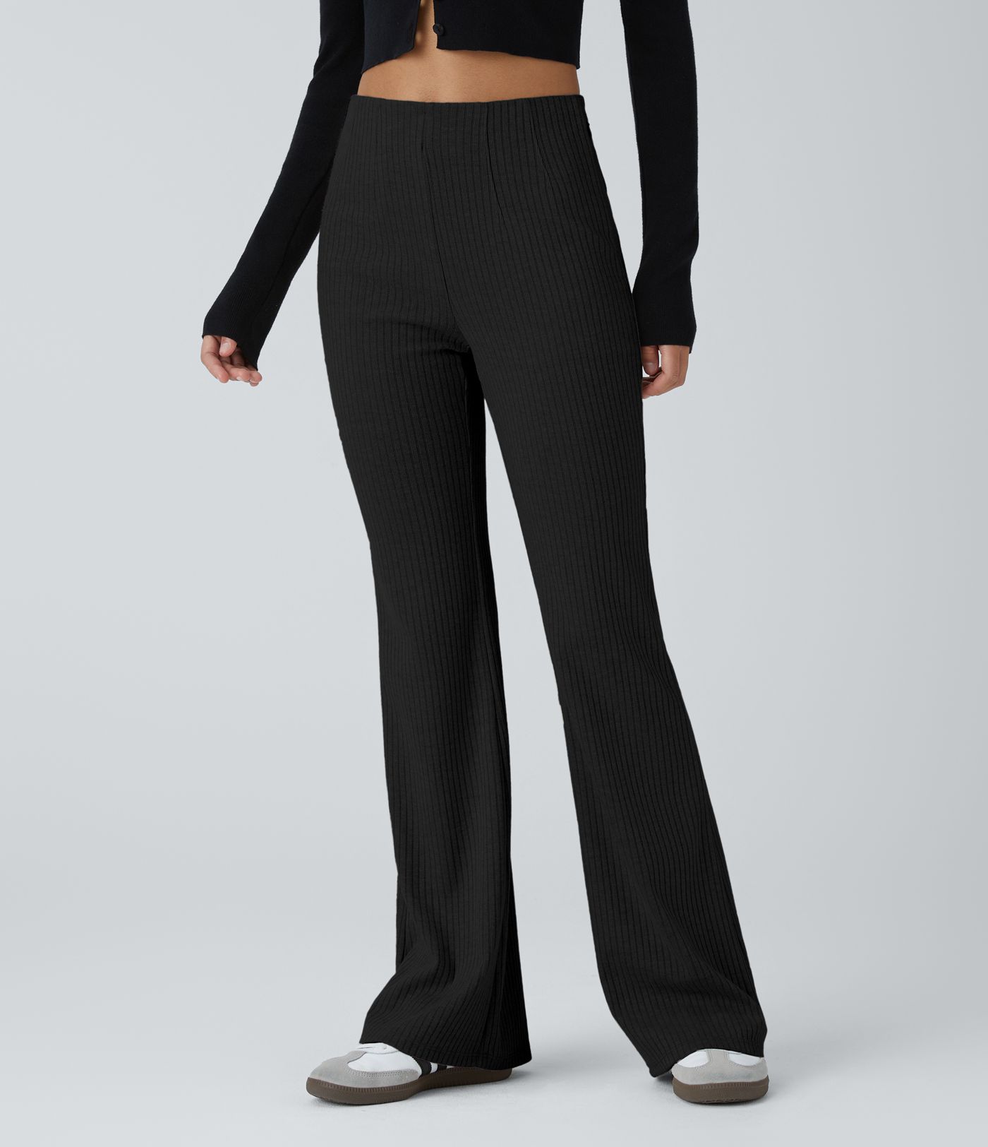 Ribbed Knit High Waisted Side Zipper Pockets Casual Flare Pants