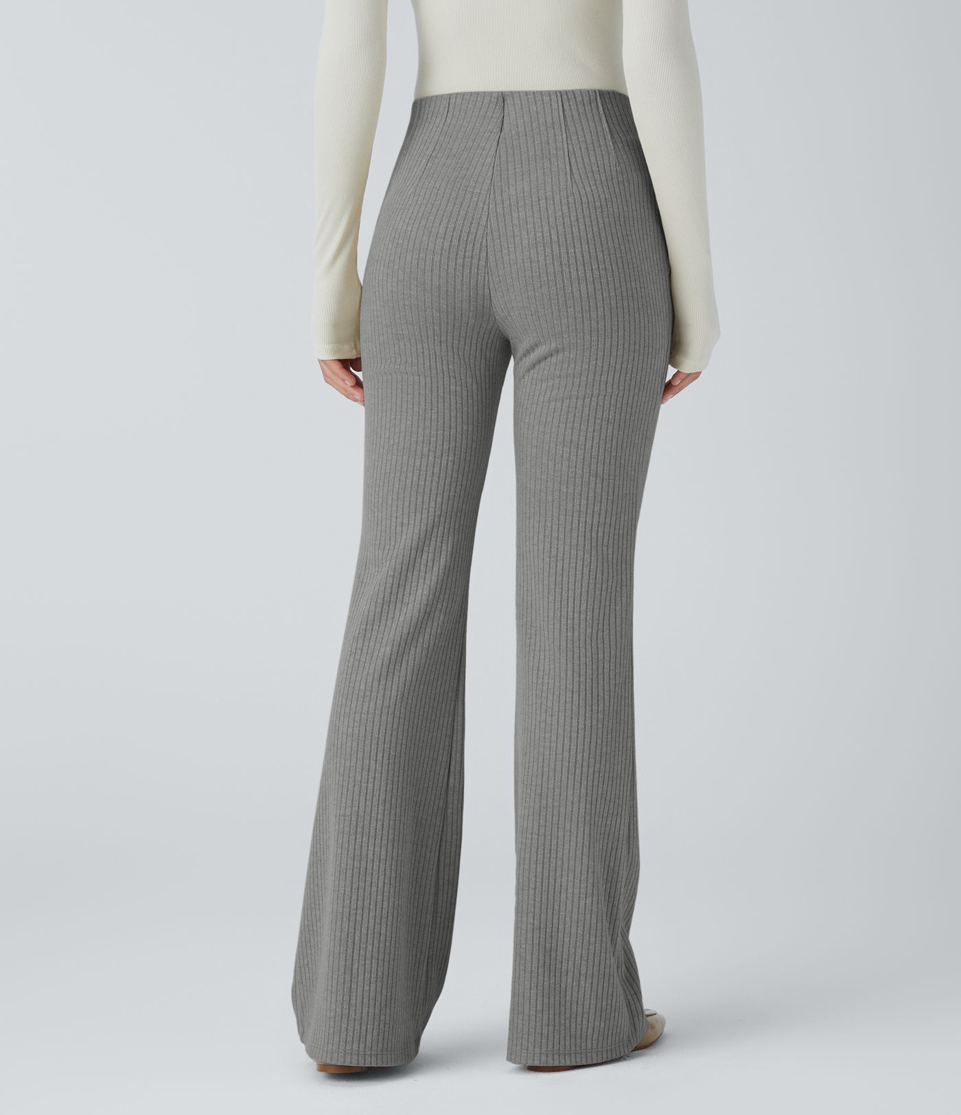 Ribbed Knit High Waisted Side Zipper Pockets Casual Flare Pants