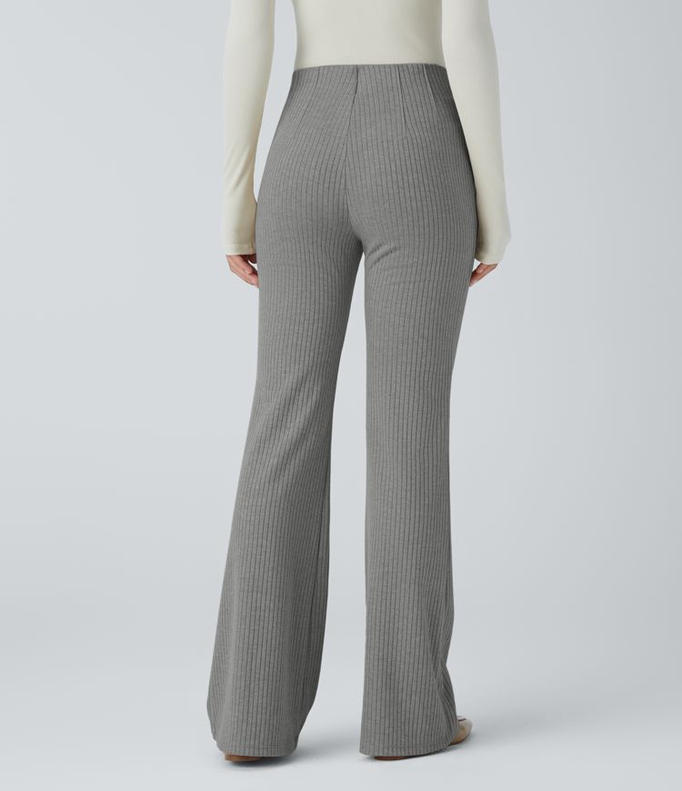 Ribbed Knit High Waisted Side Zipper Pockets Casual Flare Pants