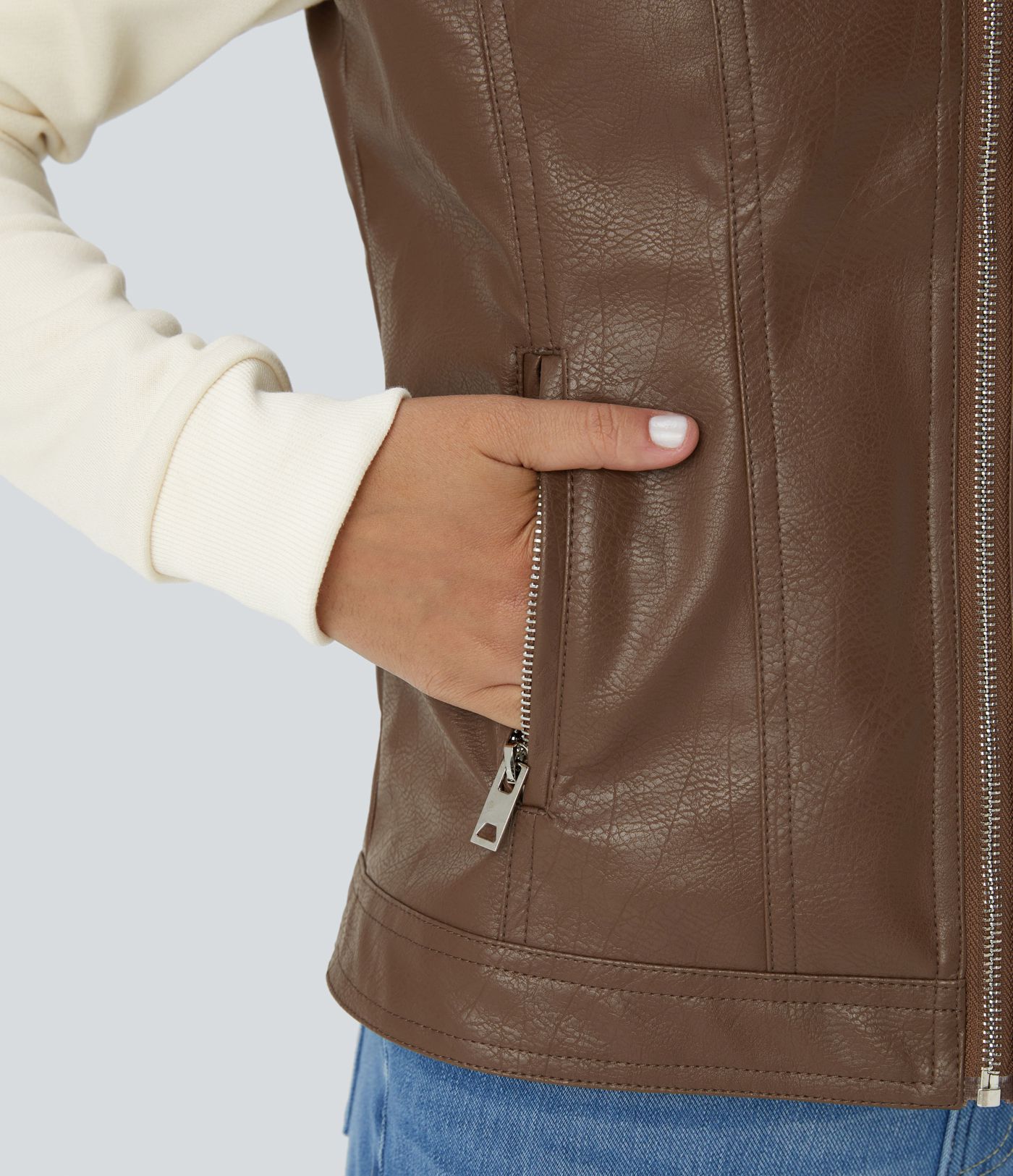 Hooded Drawstring Pocket Zipper Contrast Faux Leather Casual Jacket