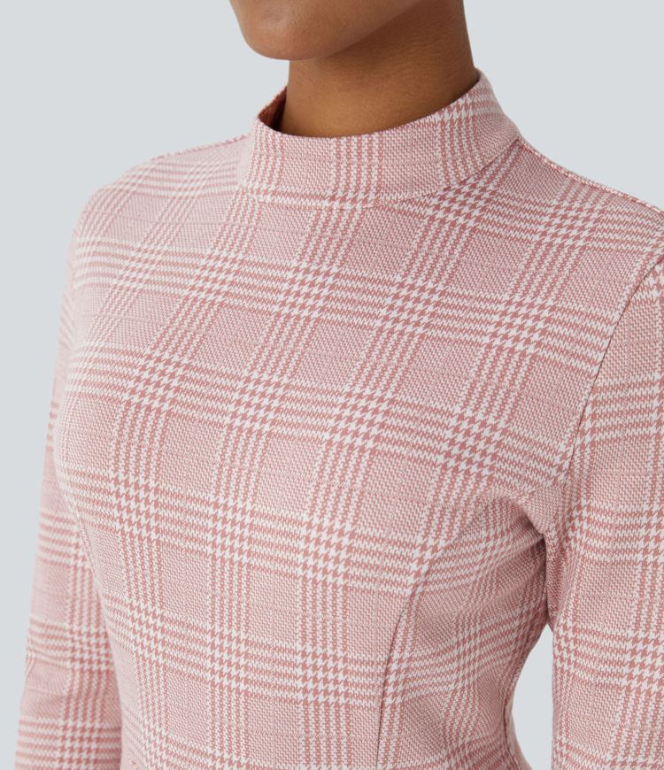 Vestido oficina acampanado manga larga cuello alto cremallera pata gallo cuadro midi