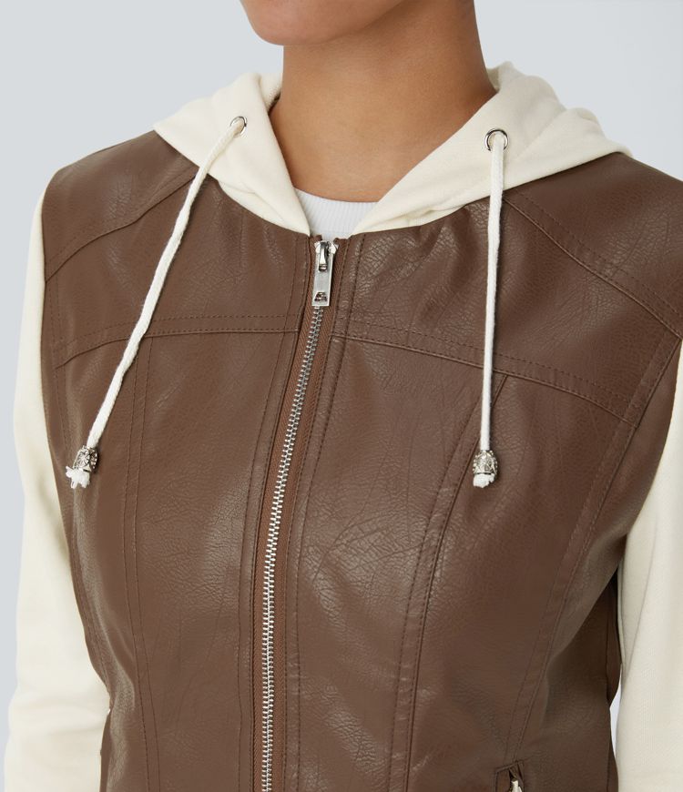Hooded Drawstring Pocket Zipper Contrast Faux Leather Casual Jacket