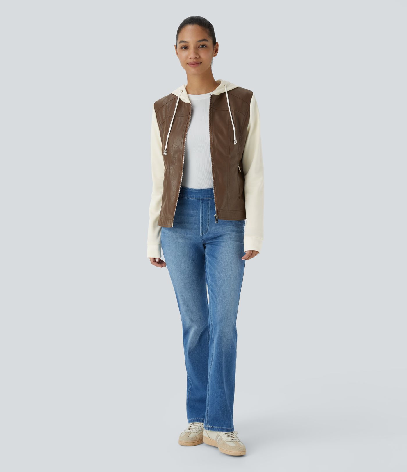 Hooded Drawstring Pocket Zipper Contrast Faux Leather Casual Jacket