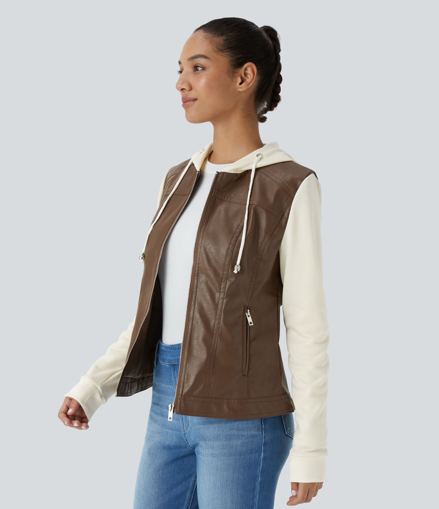 Hooded Drawstring Pocket Zipper Contrast Faux Leather Casual Jacket