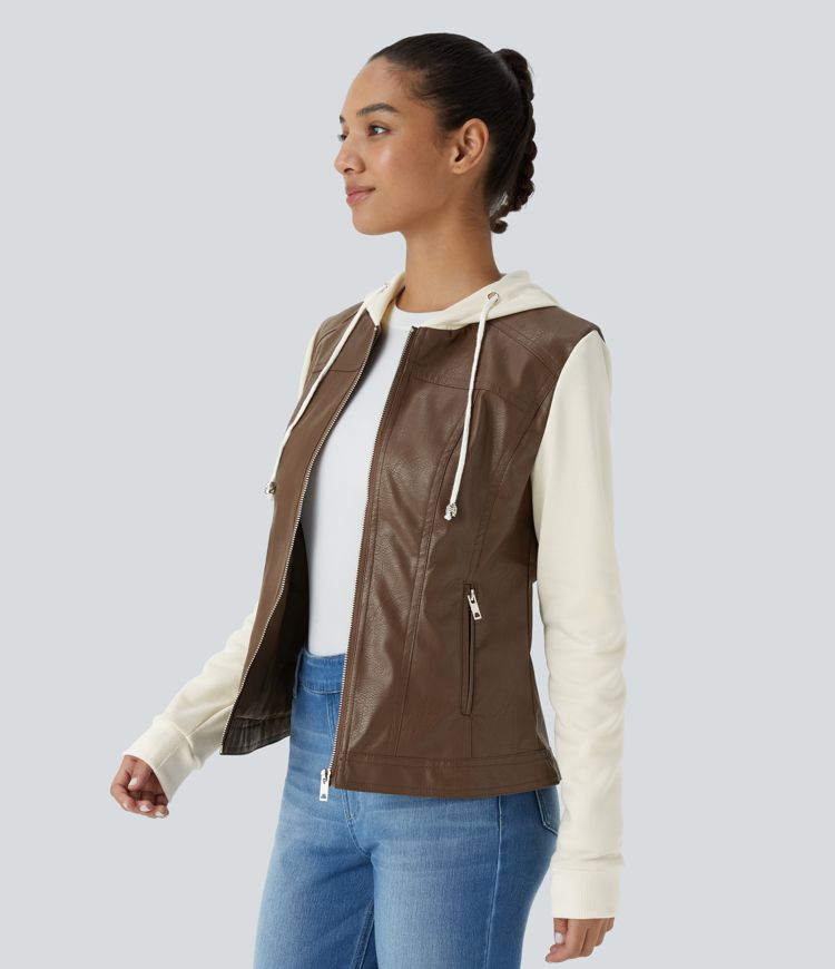 Hooded Drawstring Side Pocket Zipper Contrast Faux Leather Casual Jacket