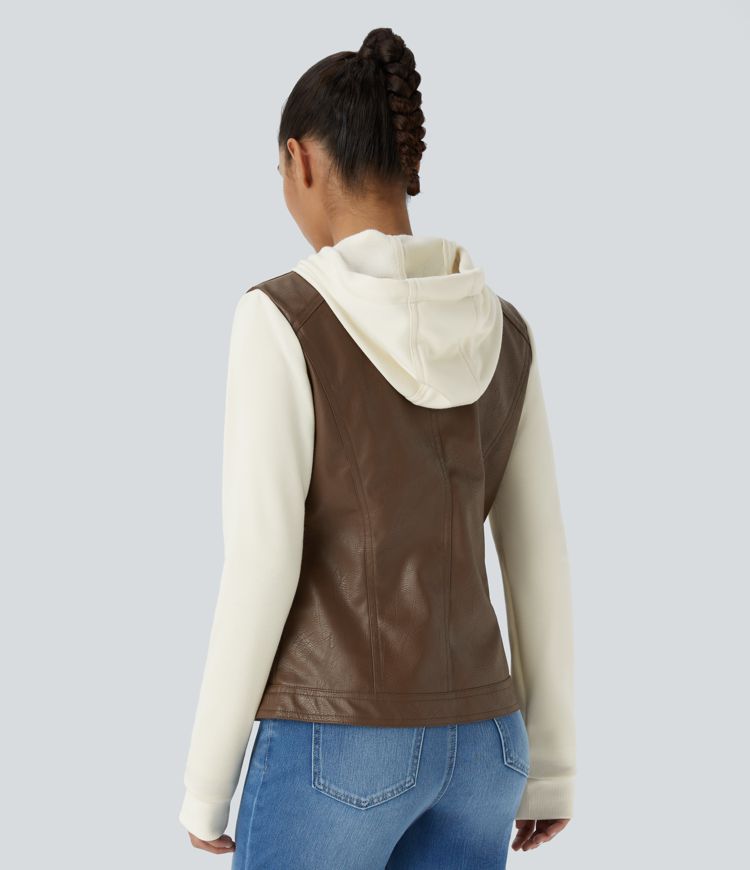 Hooded Drawstring Side Pocket Zipper Contrast Faux Leather Casual Jacket
