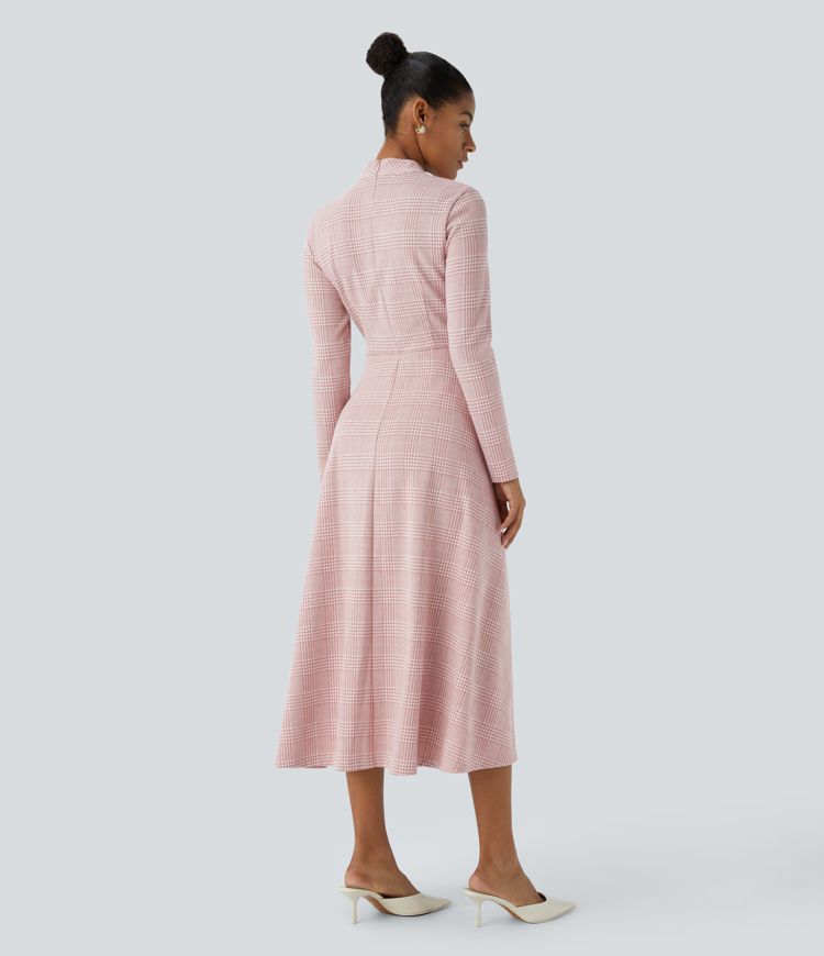 Vestido oficina acampanado manga larga cuello alto cremallera pata gallo cuadro midi