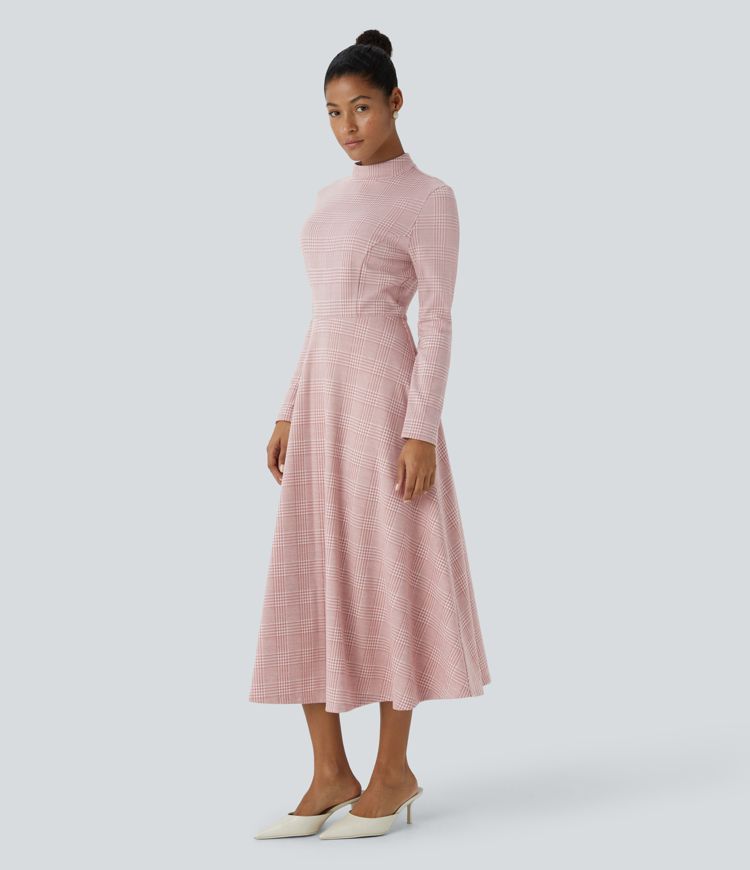 Vestido oficina acampanado manga larga cuello alto cremallera pata gallo cuadro midi