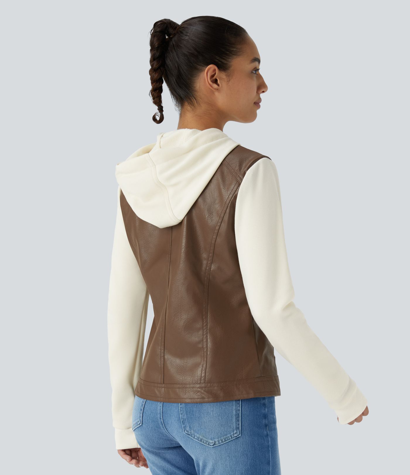 Hooded Drawstring Pocket Zipper Contrast Faux Leather Casual Jacket