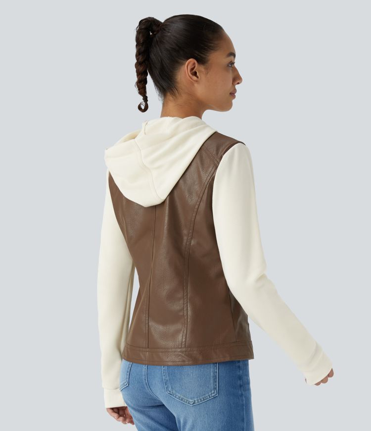 Hooded Drawstring Pocket Zipper Contrast Faux Leather Casual Jacket