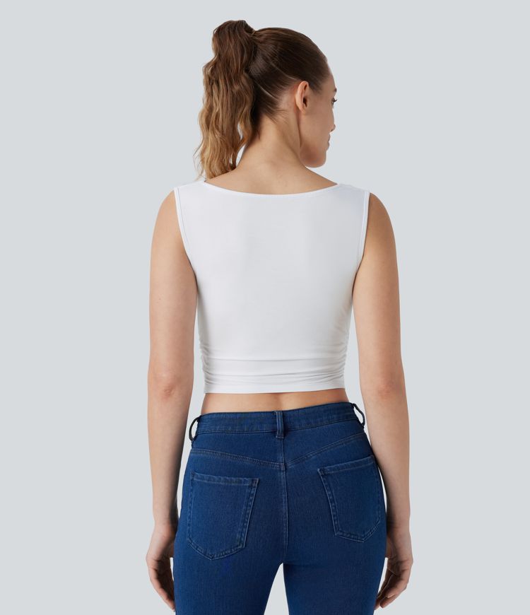 Cowl Neck Sleeveless Ruched Cropped Casual Top