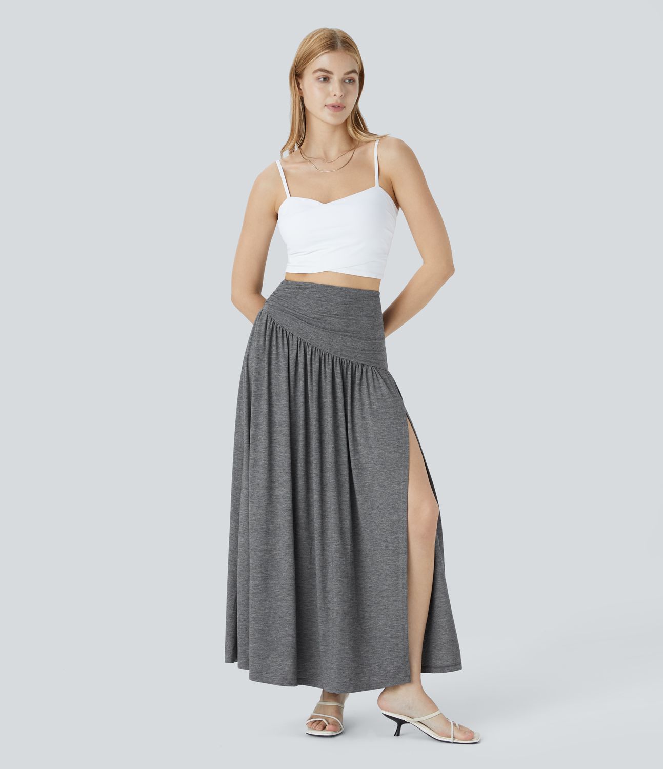 Super high waist pleated decorative split maxi vacation look skirt