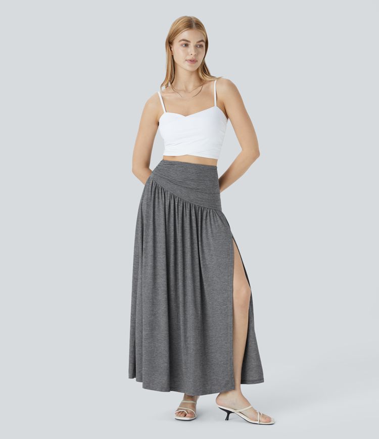 Super high waist pleated decorative split maxi vacation look skirt