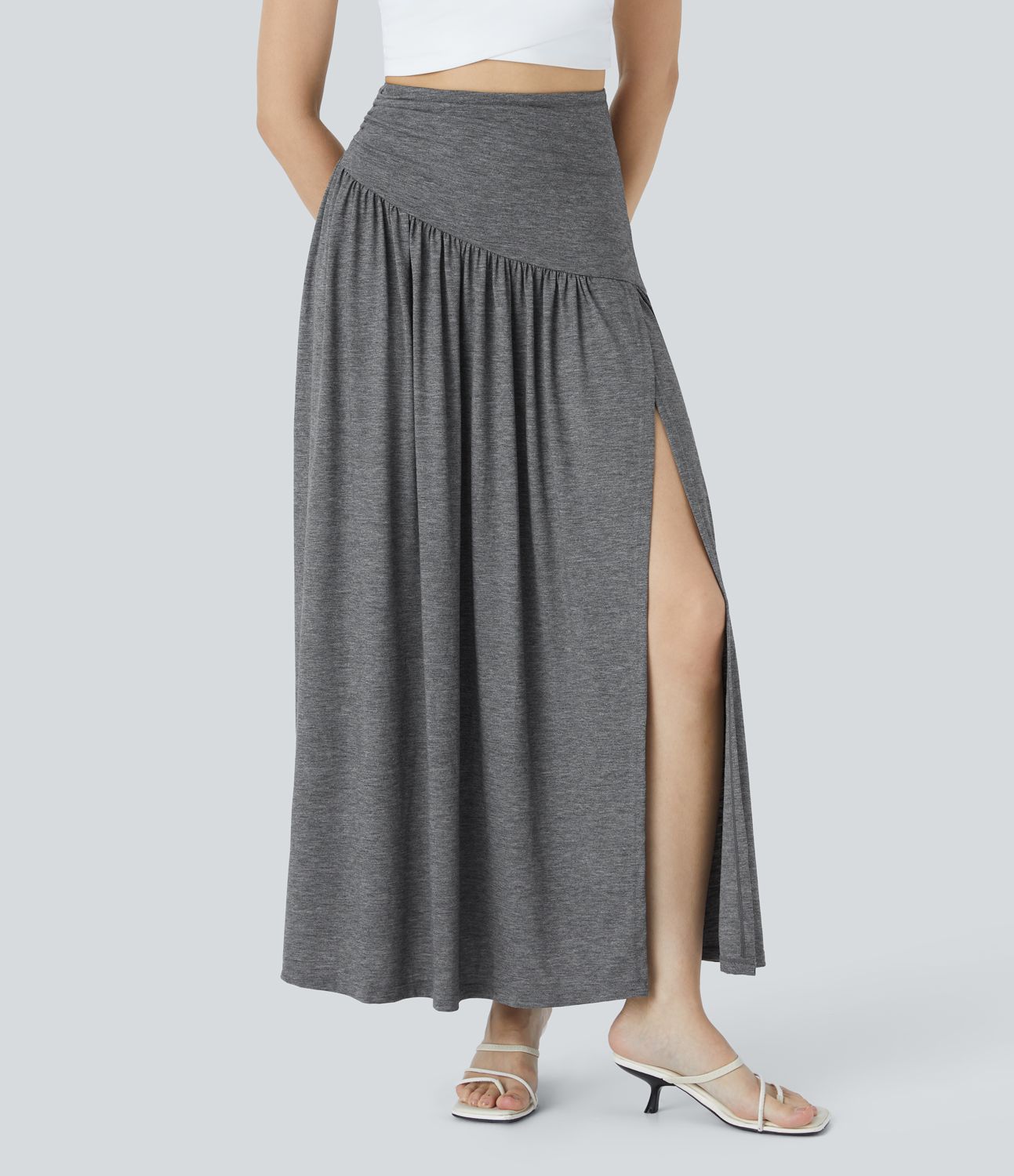 Super high waist pleated decorative split maxi vacation look skirt