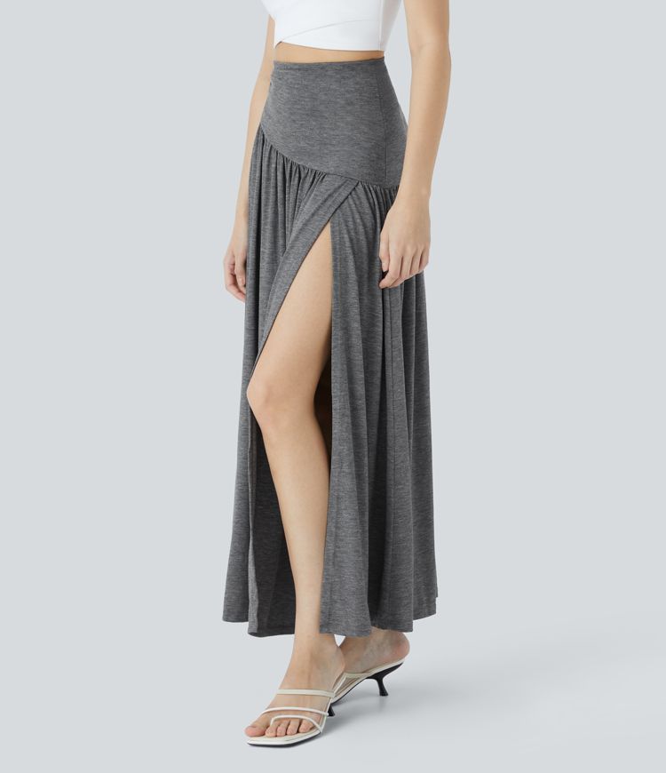 Super high waist pleated decorative split maxi vacation look skirt