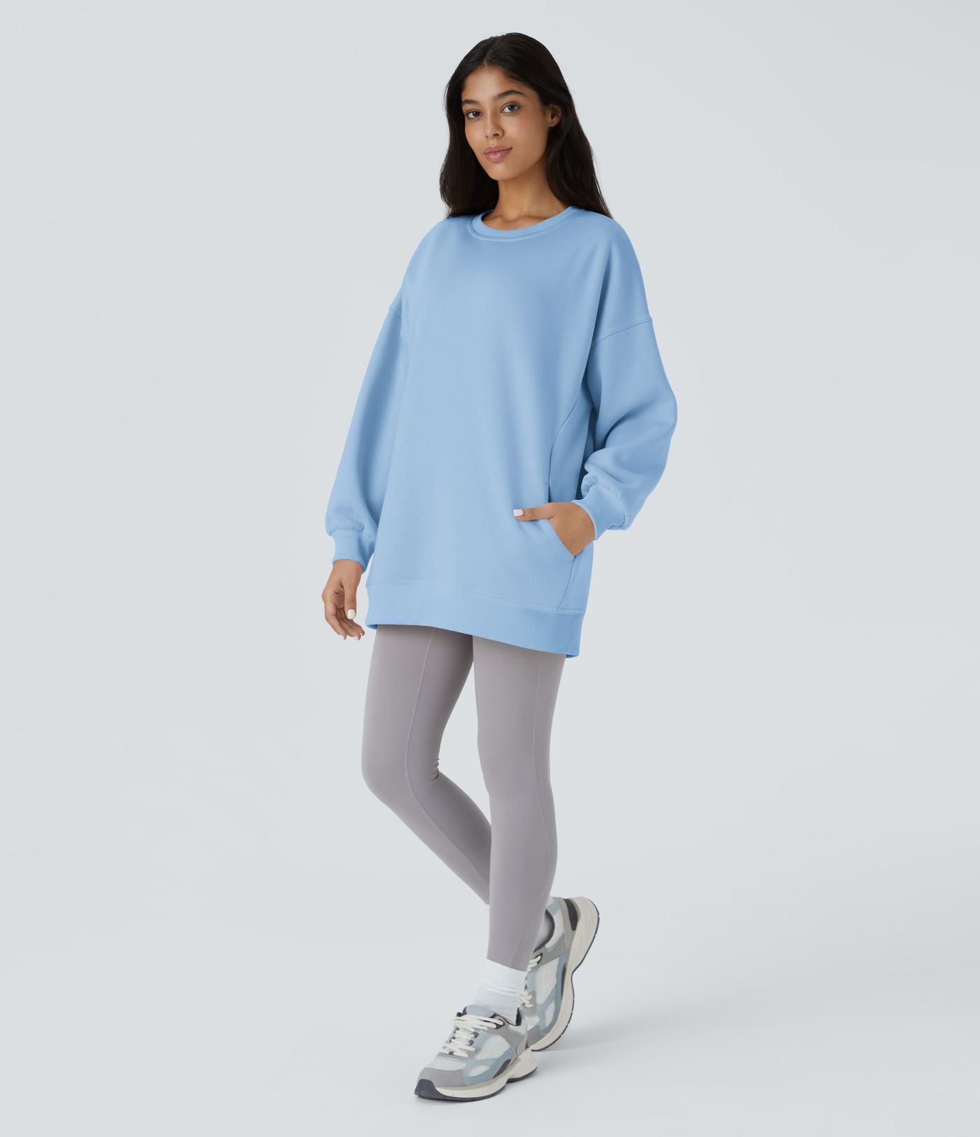 Sweat-shirt décontracté en polaire oversize à col rond et manches longues avec poche