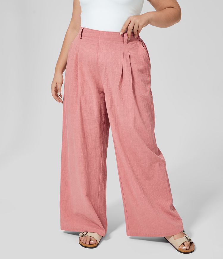 Women s High Waisted Plicated Side Pocket Wide Leg Flowy Casual Cotton 