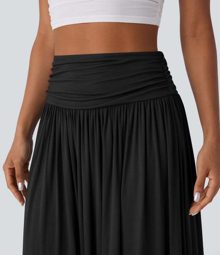 High Waisted Ruched Flowy Maxi Casual Skirt