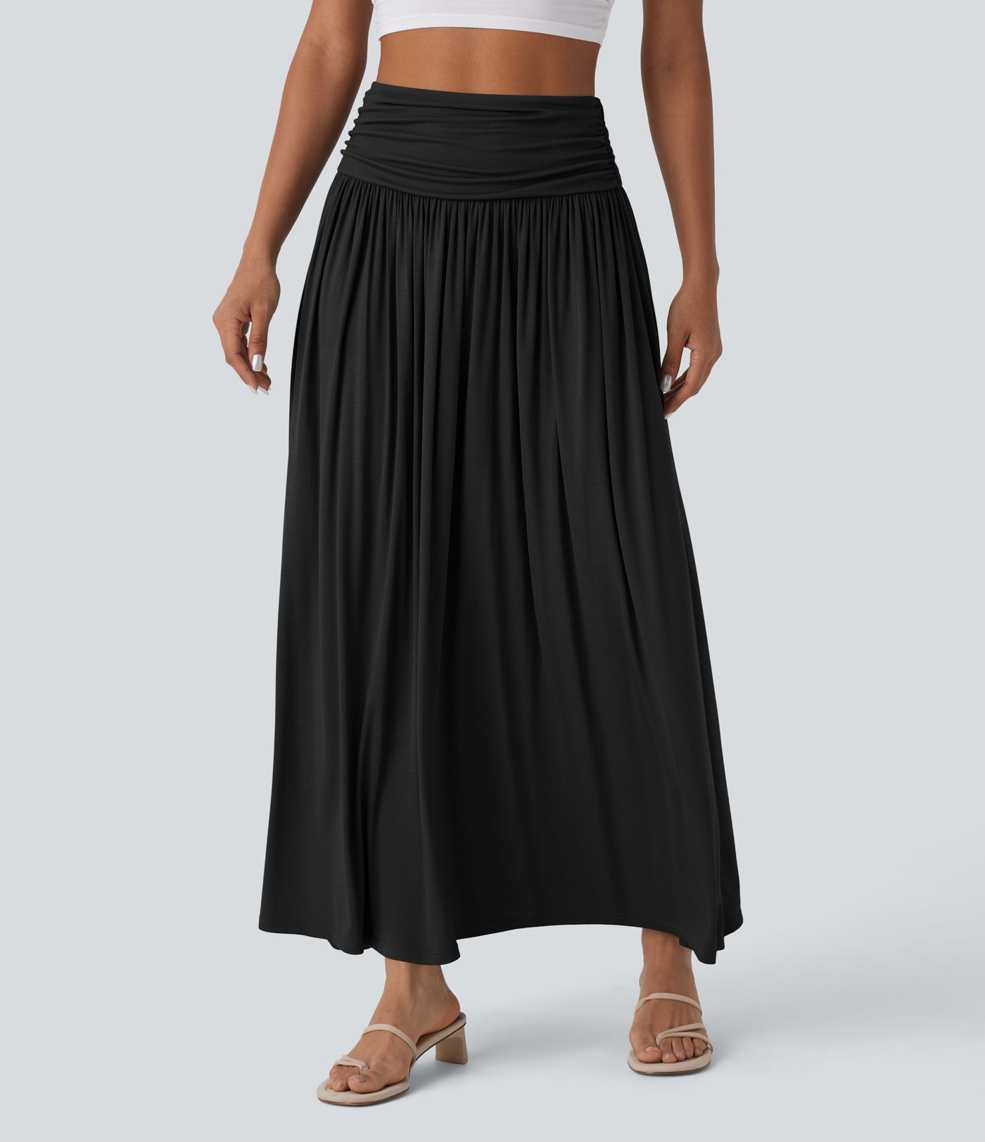 High Waisted Ruched Flowy Women Long Maxi Casual Skirt