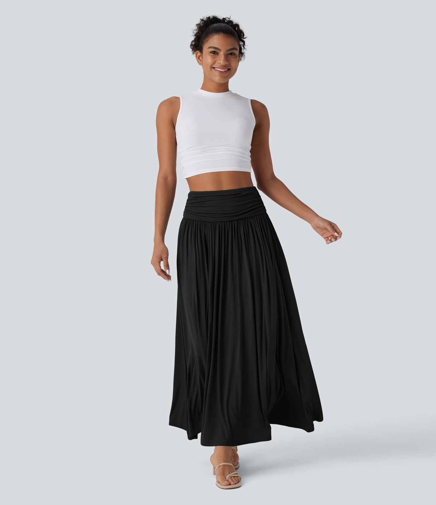 High Waisted Ruched Flowy Women Long Maxi Casual Skirt
