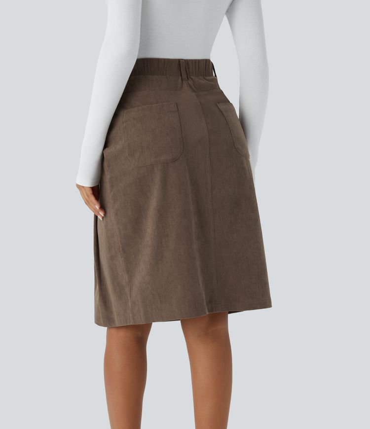Falda midi pana tiro alto pliegue múltiple bolsillo botón delantera