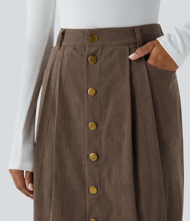 Falda midi pana tiro alto pliegue múltiple bolsillo botón delantera