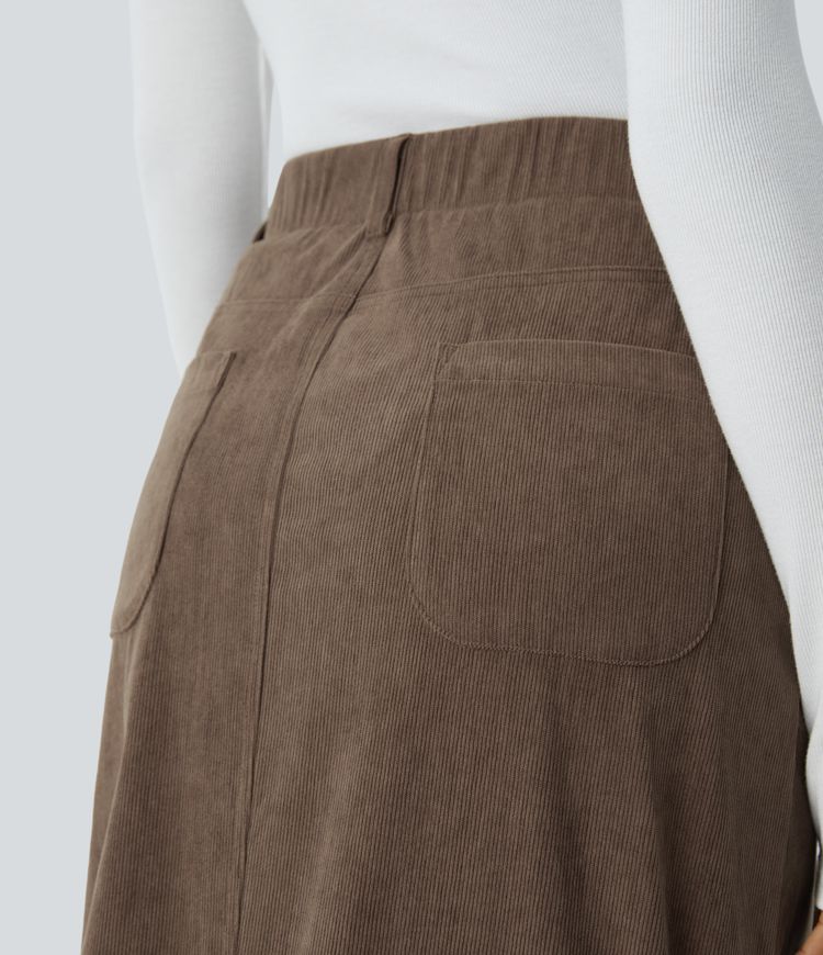 Falda midi pana tiro alto pliegue múltiple bolsillo botón delantera