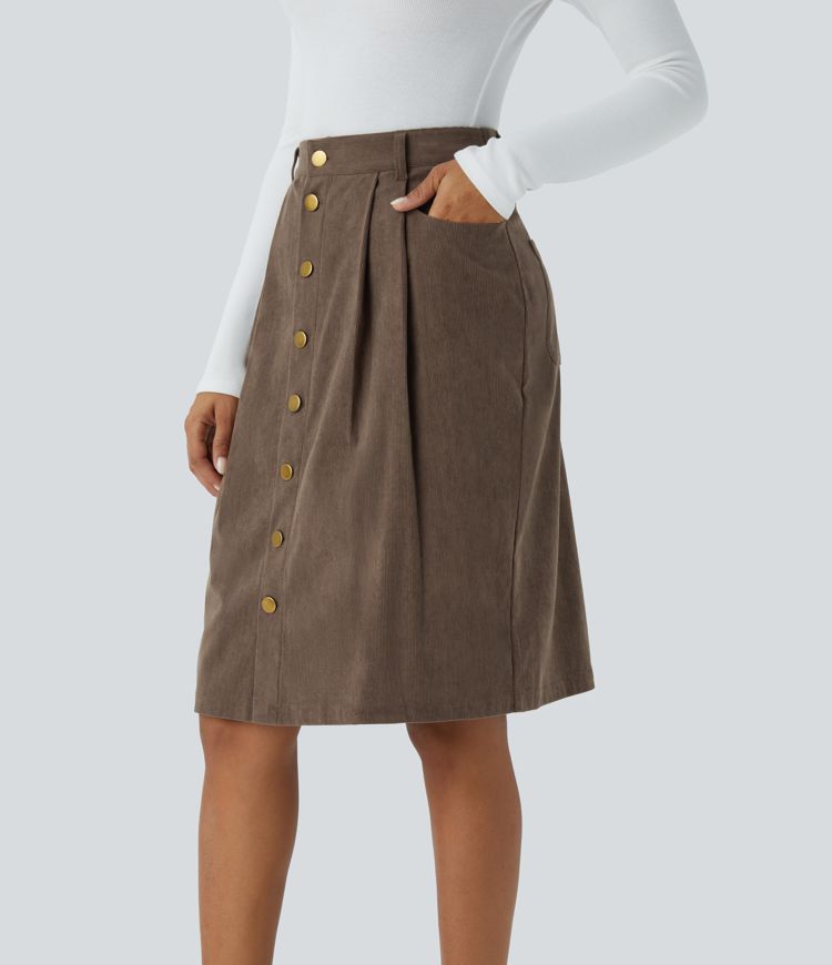 Falda midi pana tiro alto pliegue múltiple bolsillo botón delantera