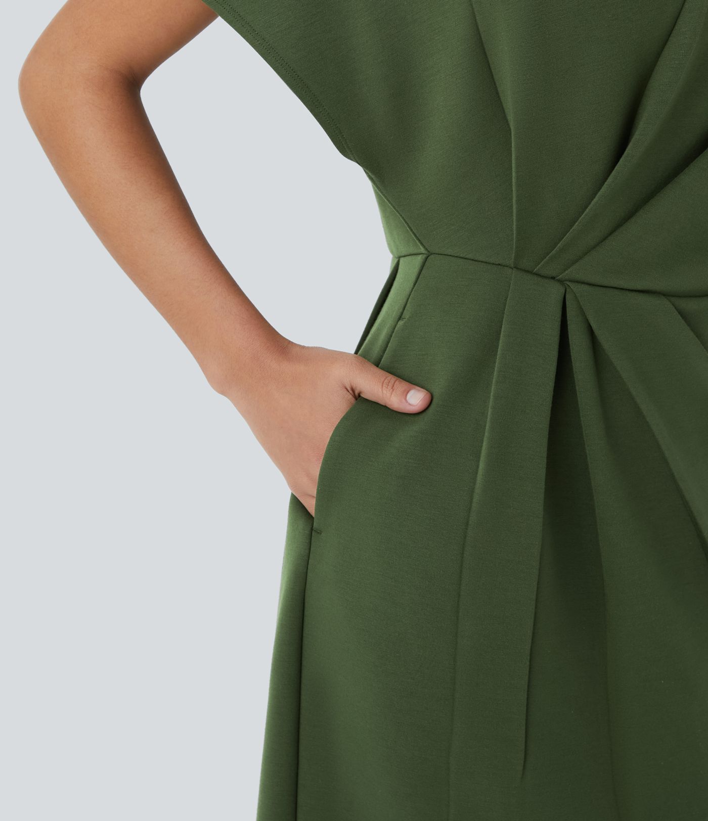 Vestido midi manga corta bolsillo lateral pliegue