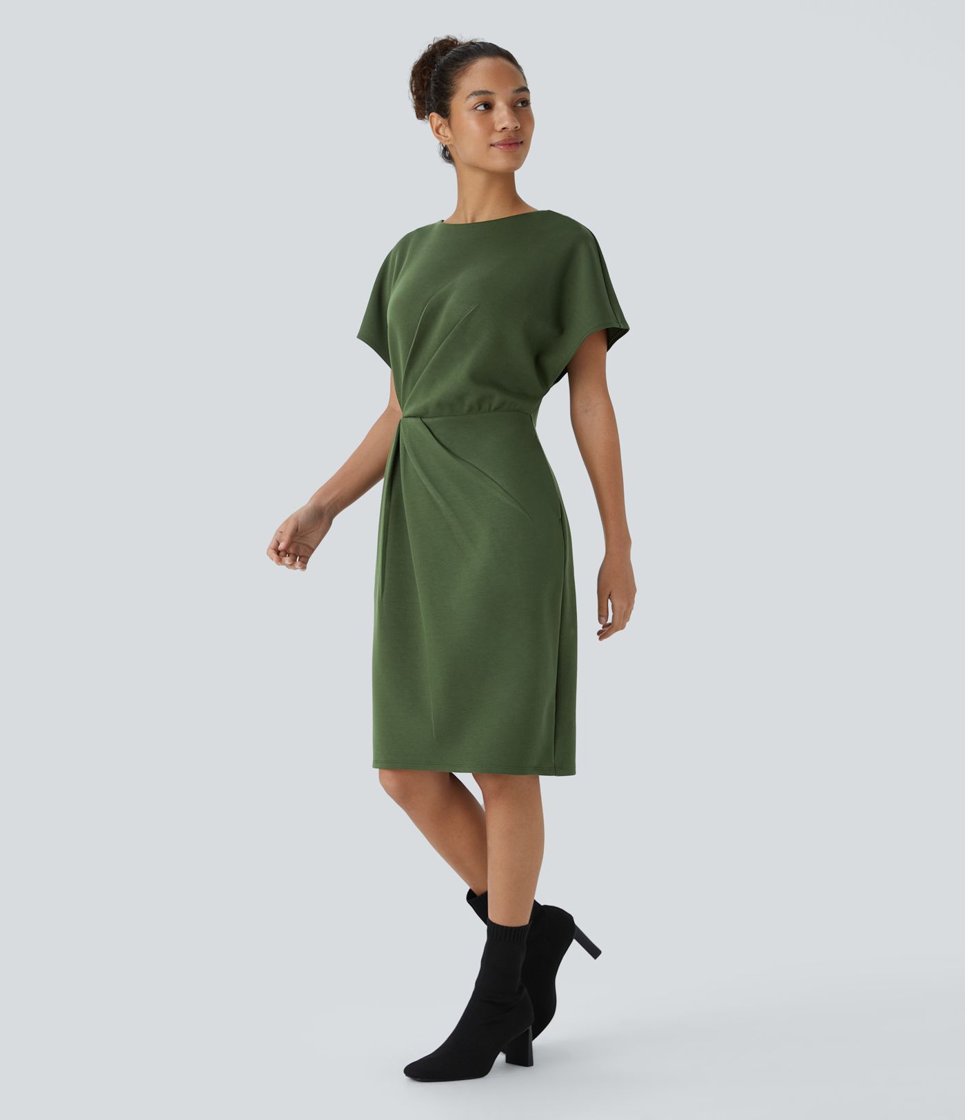 Vestido midi manga corta bolsillo lateral pliegue